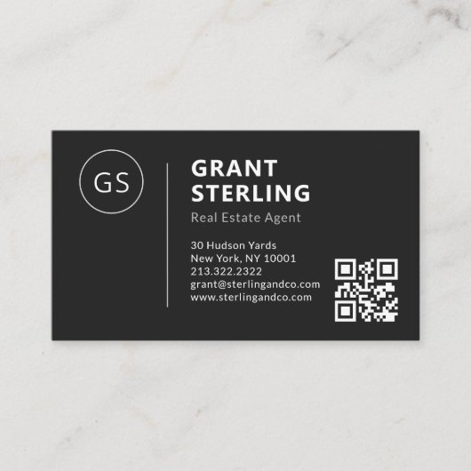 Real Estate Agent Black White Logo QR Code Modern 名刺 (正面)