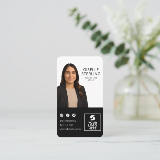 Real Estate Agent Black White Photo Logo Portrait  名刺 (スタンド正面)