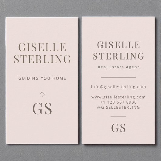 Real Estate Agent Blush Pink Monogram Minimalist 名刺