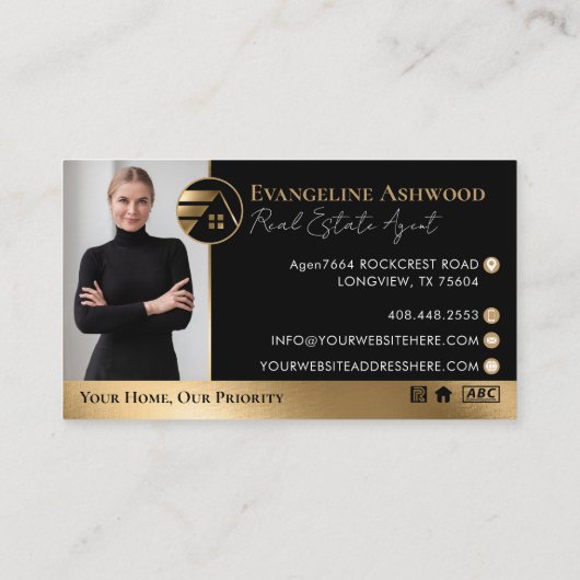 Real Estate Agent Broker Luxury Black Gold Photo 名刺 (裏面)