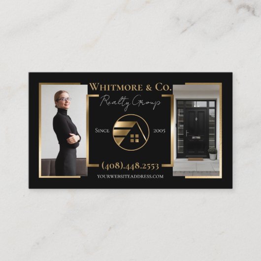 Real Estate Agent Broker Luxury Black Gold Photo 名刺 (正面)