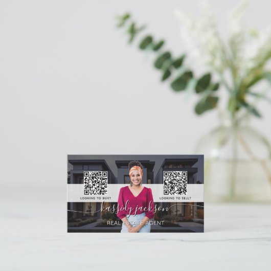Real Estate Agent Elegant Script Photo QR Code 名刺 (スタンド正面)