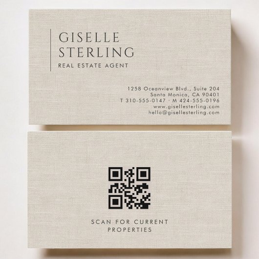 Real Estate Agent Luxury Neutral Linen QR Code 名刺