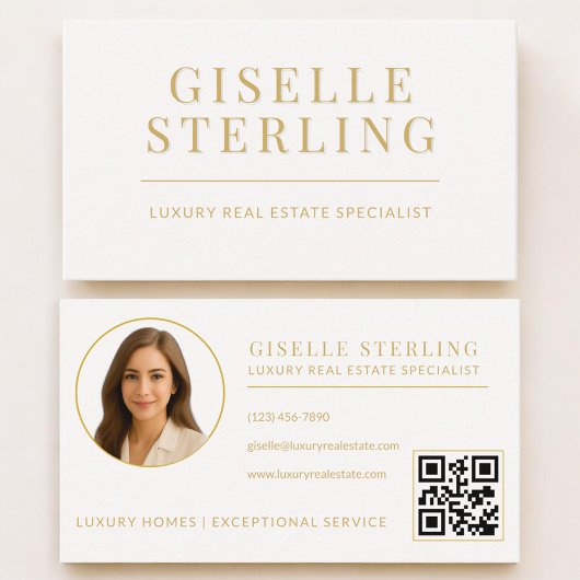 Real Estate Agent Neutral Gold QR Code Photo 名刺