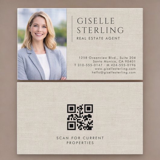 Real Estate Agent Neutral Linen Photo QR Code 名刺