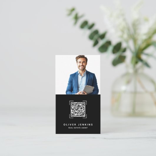 Real Estate Agent Photo QR Code Black and White 名刺 (スタンド正面)