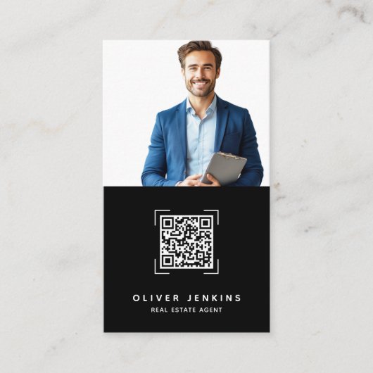 Real Estate Agent Photo QR Code Black and White 名刺 (正面)