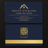 Real Estate Agent QR Code Navy Blue Gold 名刺