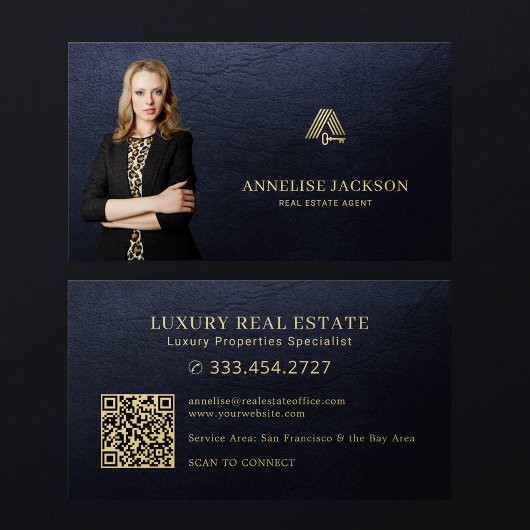 Real estate agent QR code photo luxury navy gold 名刺