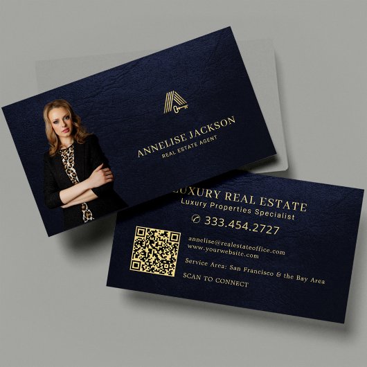 Real estate agent QR code photo luxury navy gold 名刺