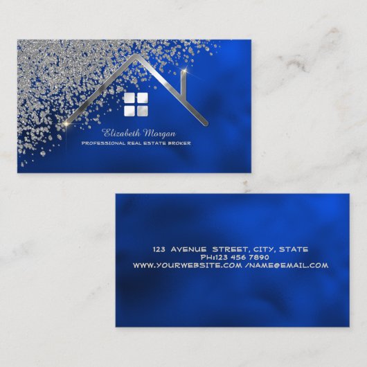 Real Estate Agent Silver House Diamonds Royal Blue 名刺 (正面/裏面)