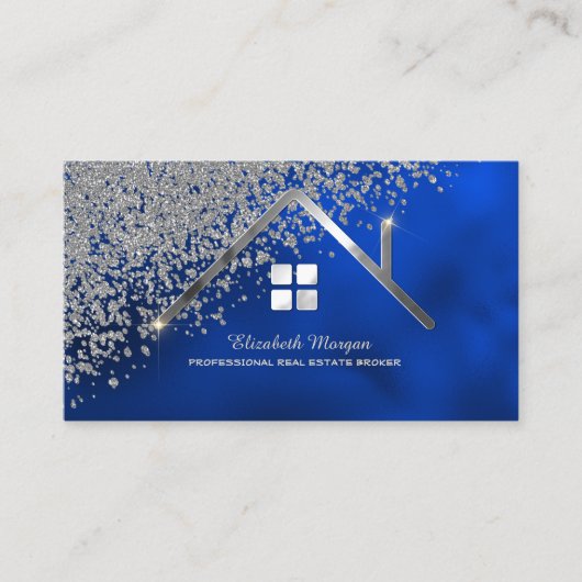 Real Estate Agent Silver House Diamonds Royal Blue 名刺 (正面)