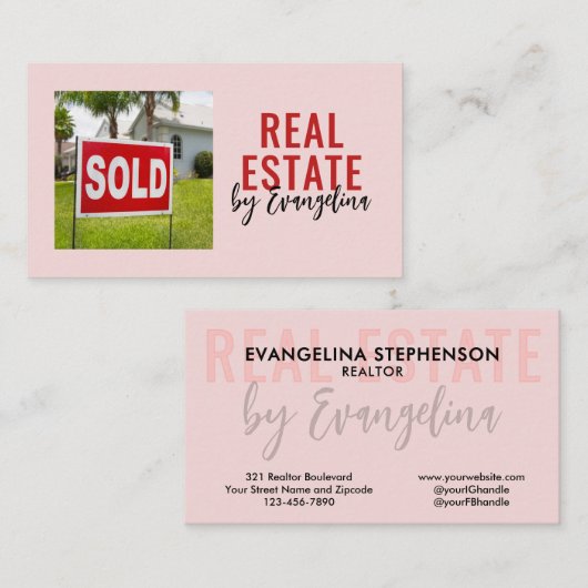 REAL ESTATE Blush Pink Script Photo Realtor 名刺 (正面/裏面)