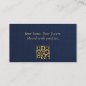 Real Estate Broker Navy Blue Gold Linen QR Code  名刺 (裏面)