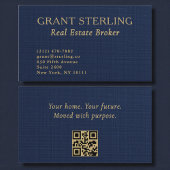 Real Estate Broker Navy Blue Gold Linen QR Code  名刺