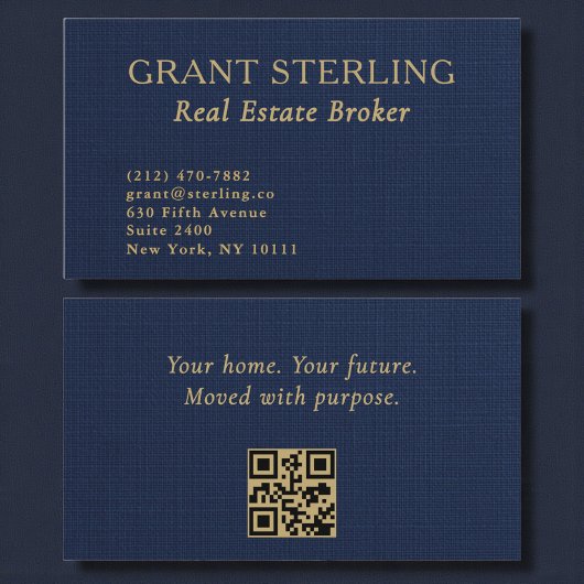 Real Estate Broker Navy Blue Gold Linen QR Code  名刺
