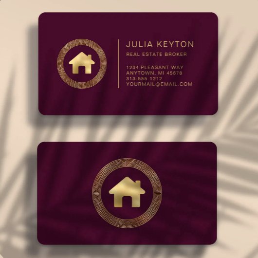Real Estate House Logo Burgundy Gold Rounded 名刺