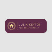 Real Estate House Logo Greek Key Burgundy Gold 名札 (正面)