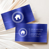 Real Estate House Logo Greek Key Frame Blue White 名刺