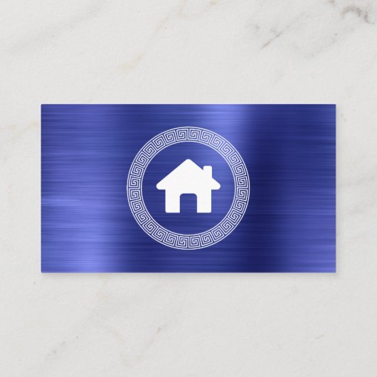 Real Estate House Logo Greek Key Frame Blue White 名刺 (裏面)