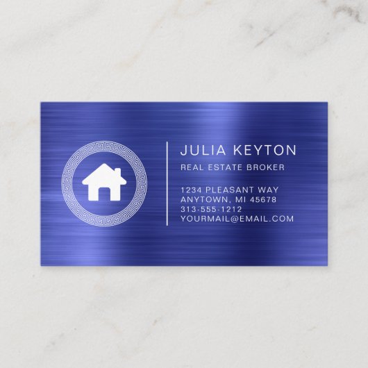 Real Estate House Logo Greek Key Frame Blue White 名刺 (正面)