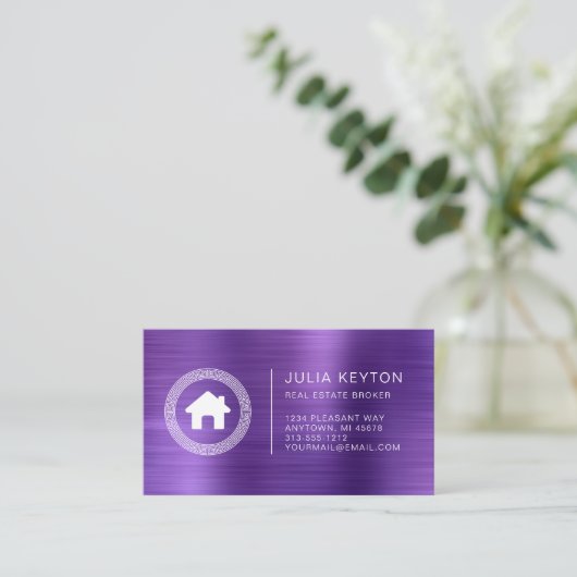 Real Estate House Logo Greek Key Frame Purple 名刺 (スタンド正面)