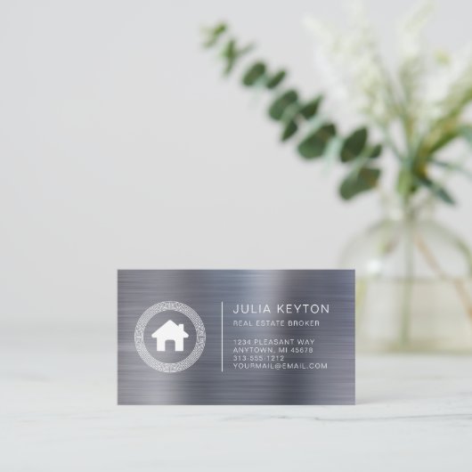 Real Estate House Logo Greek Key Frame Silver 名刺 (スタンド正面)