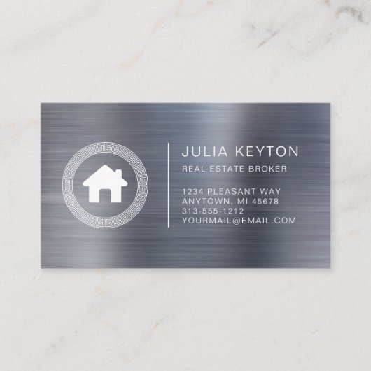 Real Estate House Logo Greek Key Frame Silver 名刺 (正面)