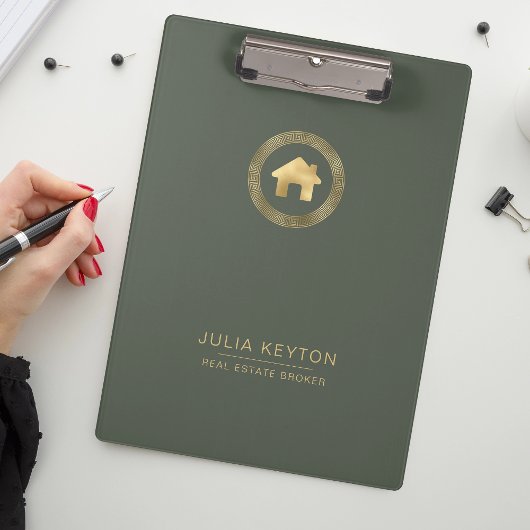 Real Estate House Logo Greek Key Sage Green Gold  クリップボード
