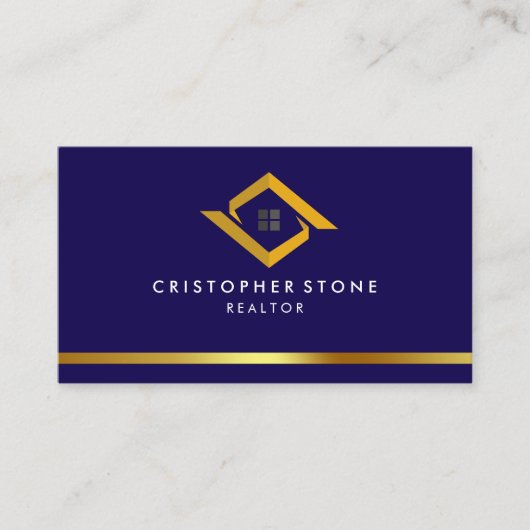 Real Estate Navy Blue House Logo Modern Realtor 名刺 (正面)