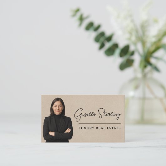 Real Estate QR Code Photo Beige Suede 名刺 (スタンド正面)