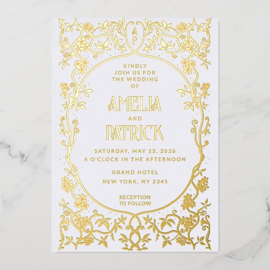 Real Foil Art Nouveau Floral Wedding  箔招待状 (正面)