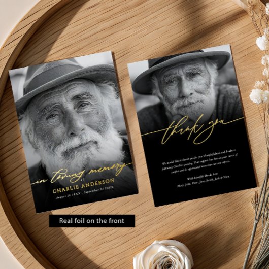 Real Foil Elegant 2-Photo Memorial Thank You Card 箔招待状