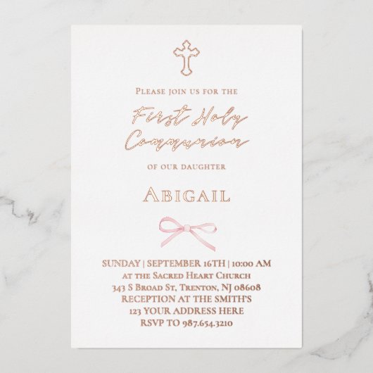 real foil little pink bow First Holy Communion 箔招待状 (正面)