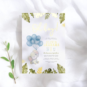 Real Foil Oh Boy Watercolor Elephant Baby Shower 箔招待状
