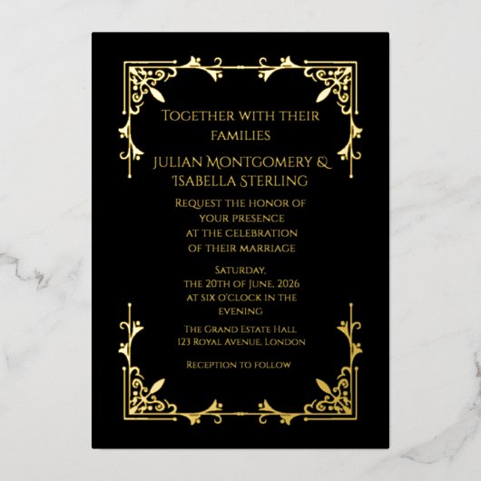 Real Gold Foil Black Tie Royal Regency wedding 箔招待状 (正面)