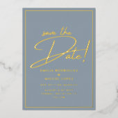 Real GOLD Foil Dusty Blue Save the Date Wedding 箔招待状 (正面)