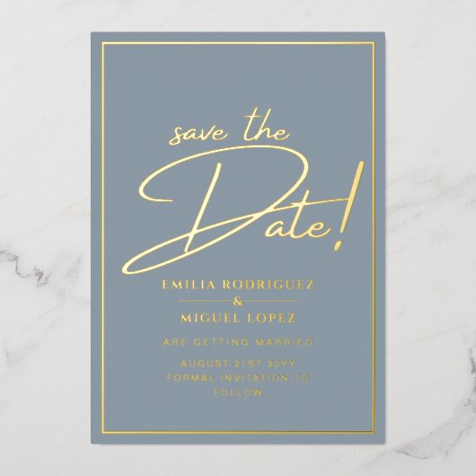 Real GOLD Foil Dusty Blue Save the Date Wedding 箔招待状 (正面)