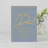 Real GOLD Foil Dusty Blue Save the Date Wedding 箔招待状 (立ち正面)