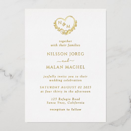 Real Gold Foil Elegant Wreath Monogram Wedding 箔招待状 (正面)