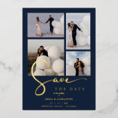 Real Gold Modern Collage in Navy Blue Fancy Script 箔招待状 (正面)