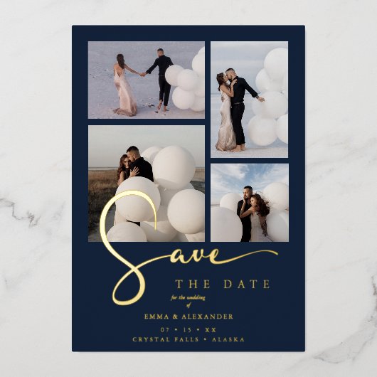 Real Gold Modern Collage in Navy Blue Fancy Script 箔招待状 (正面)