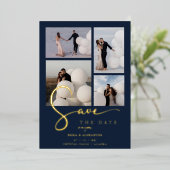 Real Gold Modern Collage in Navy Blue Fancy Script 箔招待状 (立ち正面)