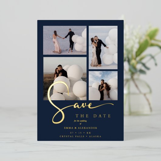 Real Gold Modern Collage in Navy Blue Fancy Script 箔招待状 (立ち正面)