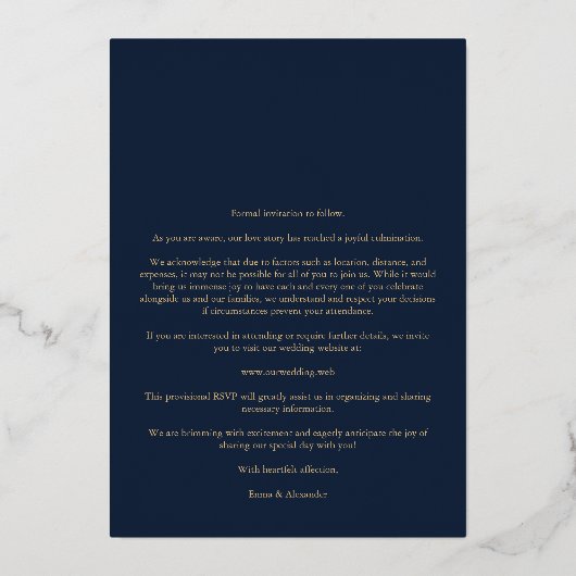 Real Gold Modern Collage in Navy Blue Fancy Script 箔招待状 (裏面)