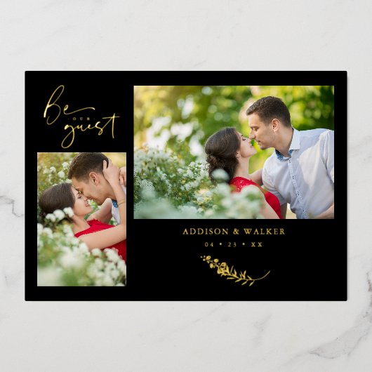 Real Golden Black Trendy Branches Wedding 2 Photos 箔招待状 (正面)