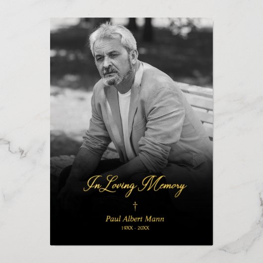 Real Golden In Loving Memory BW Photo Funeral 箔招待状 (正面)