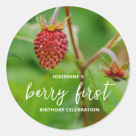 Real Red Strawberry Photo Berry First Birthday ラウンドシール