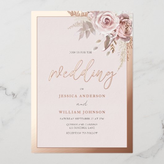 Real Rose Gold Foil Border Blush Floral Wedding 箔招待状 (正面)