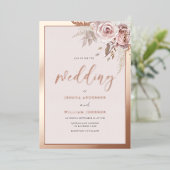 Real Rose Gold Foil Border Blush Floral Wedding 箔招待状 (立ち正面)